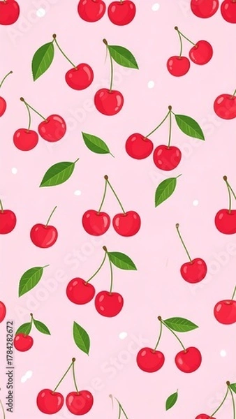Obraz Cheerful pattern of red cherries and green leaves scattered across a light pink background
