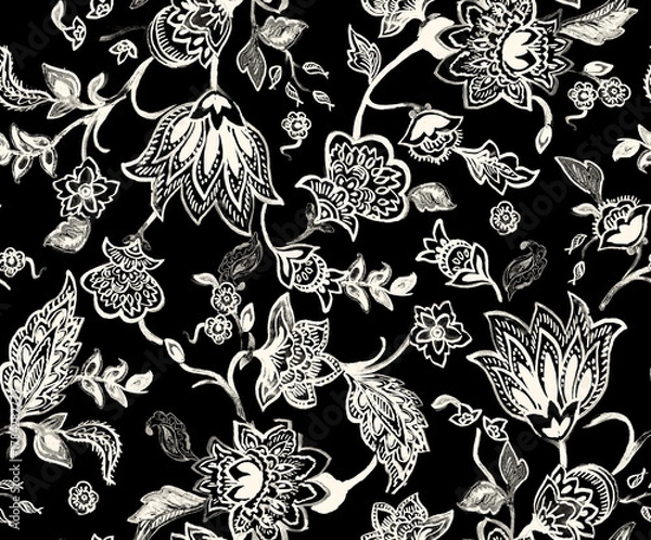 Obraz seamless connecting White floral print pattern with black background floral print pattern pattern
