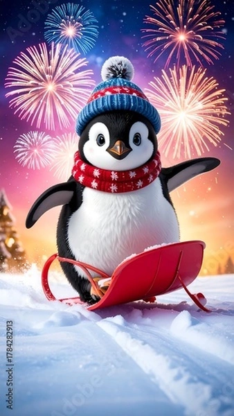 Obraz Cheerful penguin in snow with sled, winter hat, and fireworks in the background