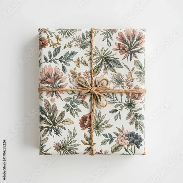 Fototapeta Gift-Presenting a Beautifully Wrapped Package with Floral Design on White Background