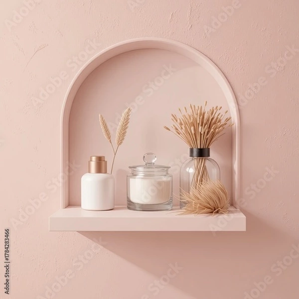 Fototapeta Minimalist Shelf Display with Dried Flowers and Candles in Cozy Living Space