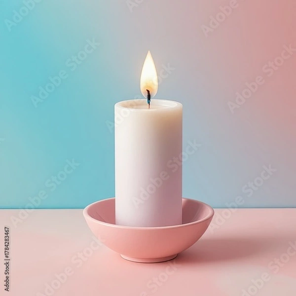 Fototapeta Elegant Candle in Pink Bowl, Minimalist Décor, Soft Glow, Serene Home Environment
