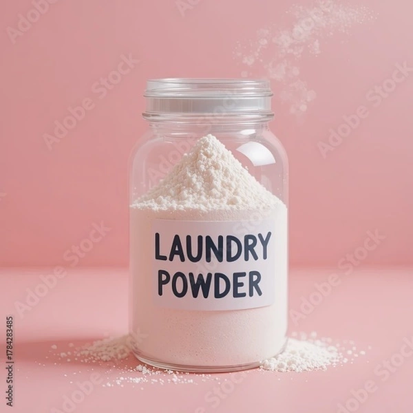 Obraz Laundry Powder Container, Home Cleaning, Pink Background, Photo, Minimalist Style, Close-Up View, Household Essentials