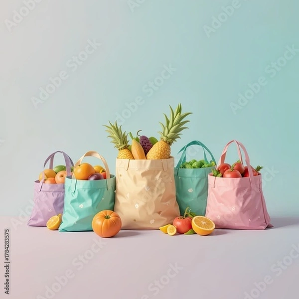 Fototapeta Colorful Canvas Bags Filled with Fresh Fruits in Vibrant Setting - Modern Lifestyle Photography