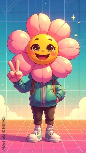 Obraz Cheerful pink flower character with emoji face makes peace sign, wears hoodie and sneakers