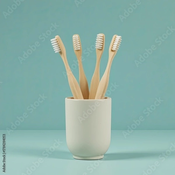 Obraz Bamboo Toothbrushes in Minimalist Setting