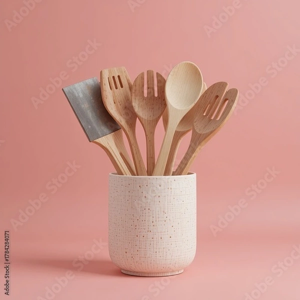 Obraz Wooden Utensils in Soft Pink Background, Culinary Tools Display, Home Environment, Aesthetic Composition