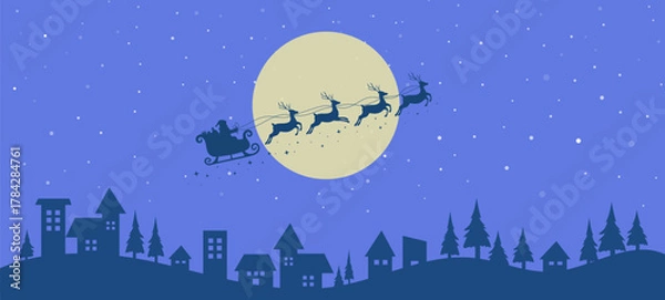 Fototapeta Santa Claus ride sleigh with flying reindeer in sky above the houses and fir trees. winter village. Christmas background. Vector illustration