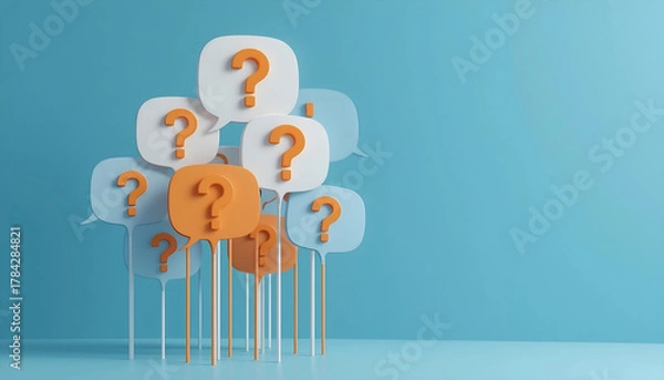 Obraz Crowd of 3D Rendered Orange and White Question Marks in Speech Bubbles Against a Bright Blue Background, Excellent for Customer Feedback and Call-to-Action Buttons