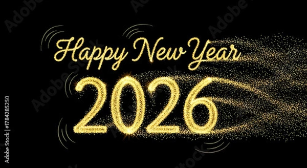 Obraz Happy New Year 2026 golden glittering text effect on black background festive vector design for holiday celebration