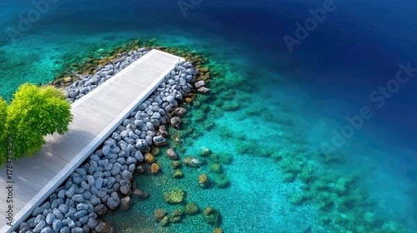 Fototapeta Bright Aerial Drone View of a Stone Pier Extending Over Clear Turquoise Water Reflecting Sunlight with Lush Green Trees on the Left Shoreline on a Sunny Day