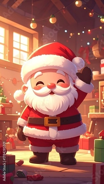 Obraz Cheerful Santa Claus character standing in workshop, surrounded by gifts and Christmas decorations