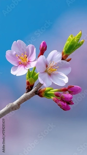 Fototapeta Delicate Pink Cherry Blossoms Bloom Against a Soft Blue and Purple Hazy Sky With Detailed Tree Branch and Budding Pink Flowers in Spring Sunlight