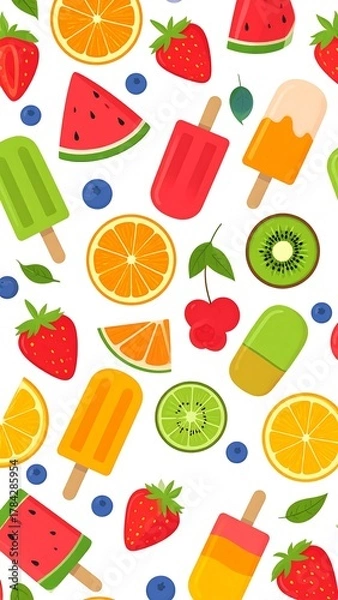 Obraz Cheerful seamless pattern of various fruits and popsicles on a white background