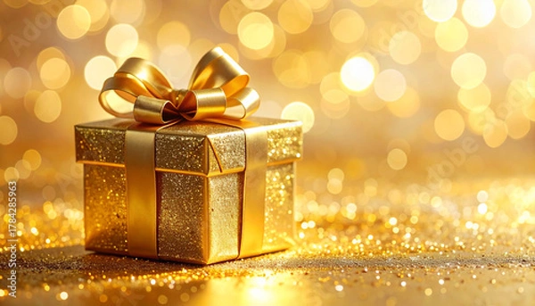 Fototapeta Golden Gift Box with Bokeh Lights