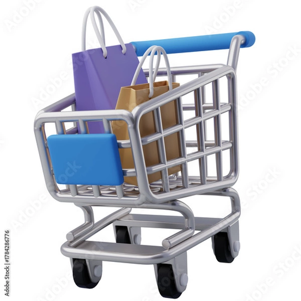 Fototapeta 3D Shopping Cart with Bags Inside for E-commerce