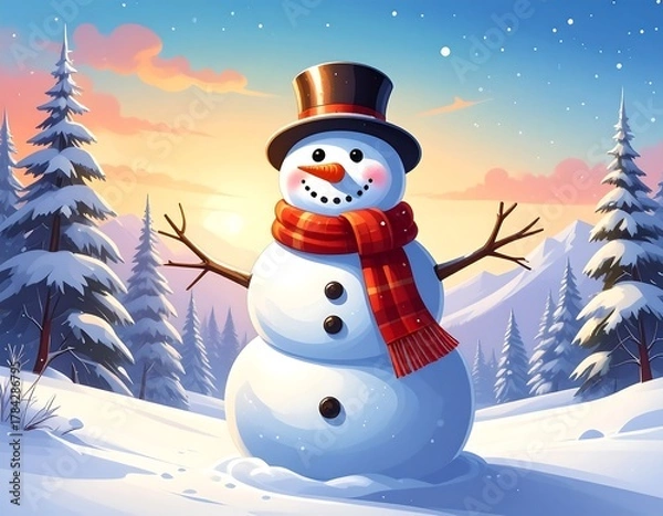 Obraz Cheerful snowman with scarf and top hat stands against a snowy winter landscape sunset