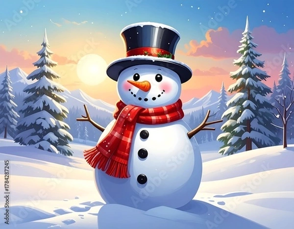 Obraz Cheerful snowman with top hat and scarf stands in snowy winter mountain scene