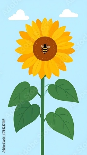 Obraz Cheerful sunflower illustration with a bee, leaves, and clouds against a blue backdrop
