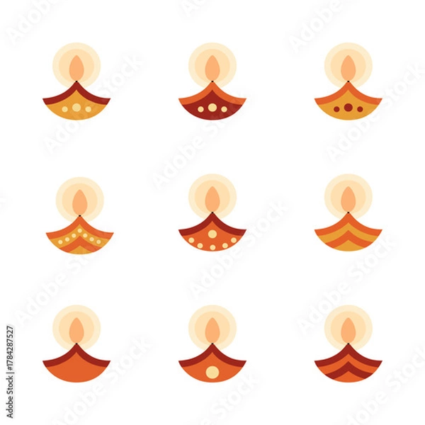 Fototapeta A collection of 9 stylized, flat design Diya icons. The set features various geometric patterns in warm, earthy tones, perfect for Diwali, Deepavali. Isolated vector elements on a white background.