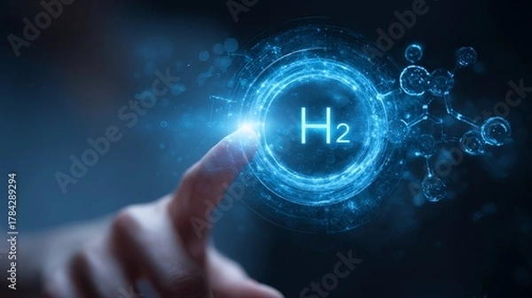 Fototapeta A hand reaches out to touch a glowing representation of the H2 molecule, symbolizing innovation and technology in science.