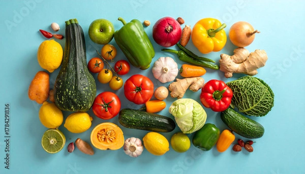 Fototapeta Fresh Vegetables and Fruits Flat Lay