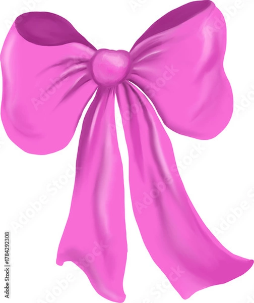 Obraz pink ribbon bow isolated, elegant satin silk bow with soft shading and realistic fabric texture for design projects, holiday cards, packaging, gift decoration and festive graphic