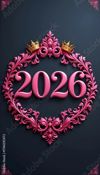 Fototapeta Pink ornate frame with 2026 numbers and gold crowns on dark background image
