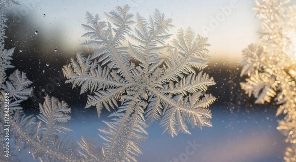 Fototapeta Golden sunrise on frosted window — macro shot of delicate snowflake patterns, ice crystals, winter background
