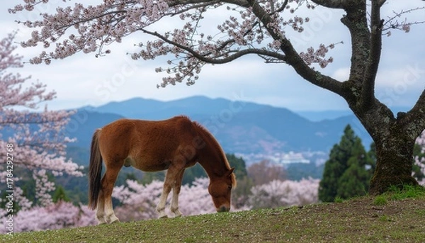 Fototapeta 桜の木の下の牧場で草をはむ馬たち