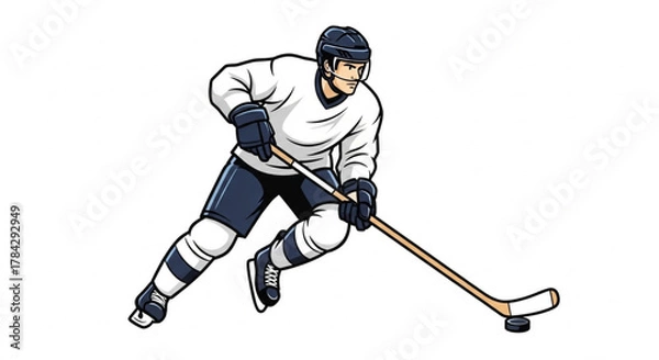 Fototapeta Ice hockey player in action with stick and puck illustration