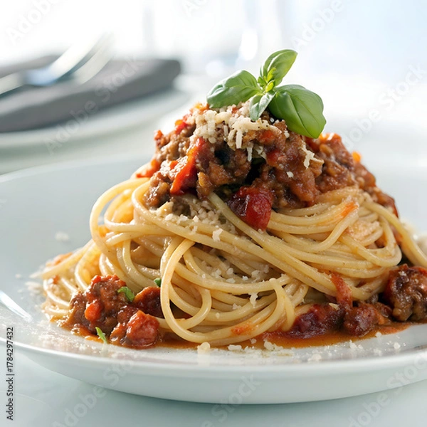 Fototapeta Delicious plate of spaghetti bolognese topped with fresh basil and parmesan cheese