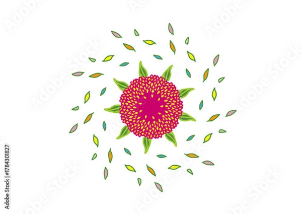 Fototapeta round pink flower with circle of leaves on white background, Symmetrical stylized flower with red and yellow petal center and radiating green leaves—bold, geometric, and vividly colored