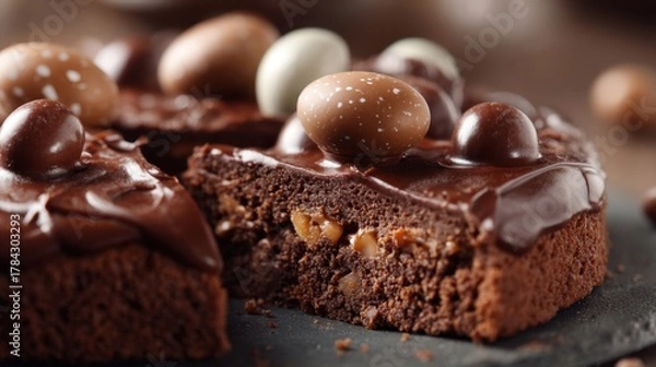 Obraz A rich chocolate cake is sliced to reveal a nutty filling. The top is adorned with glossy icing and colorful candy eggs, making it an appealing dessert for holidays or special occasions.