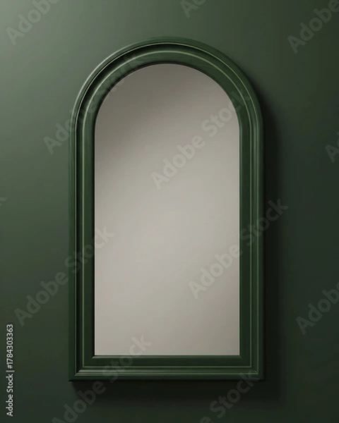 Fototapeta Tall Arched Green Framed Mirror on Dark Green Wall