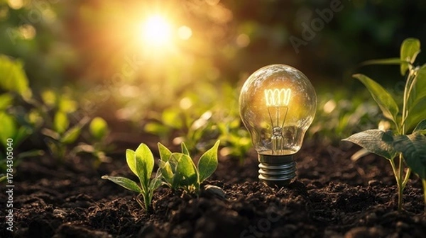 Obraz A light bulb emitting a golden glow in a lush green garden with sunlight shining through the leaves.
