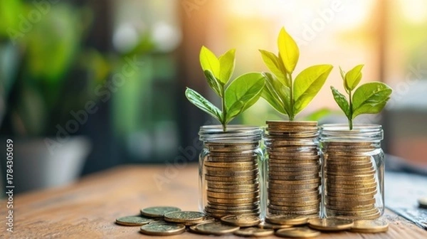 Fototapeta Three green plants growing in a glass jar with coins on a wooden table.