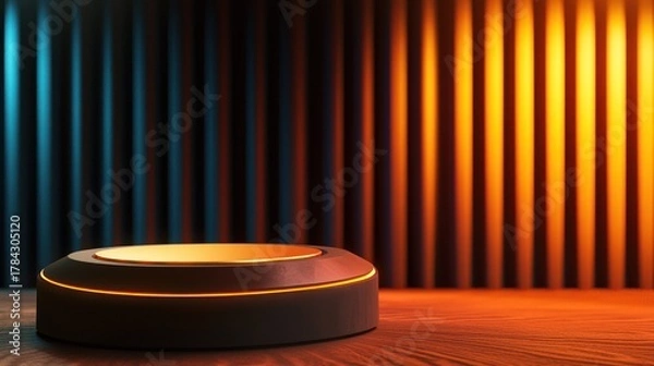 Fototapeta A black and gold podium with a wooden floor and a colorful curtain in the background.