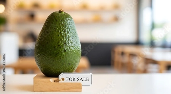 Fototapeta A single avocado with a for sale tag on a wooden stand indoors
