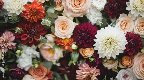 Fototapeta Captivating floral display showcasing roses and dahlias in a symphony of colors