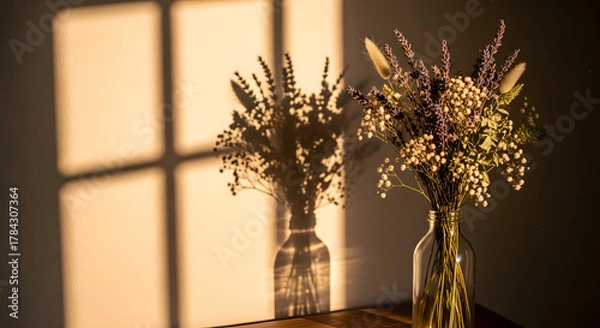 Obraz Golden hour glow illuminates delicate dried flower arrangements, casting intricate window shadows on a warm wall, evoking a sense of calm and natural beauty in a cozy home setting