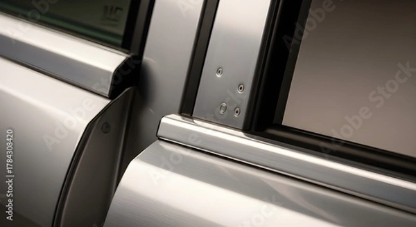 Fototapeta Title: Close-Up of Vehicle Door Frame and Window with Brushed Silver Metal Finish
