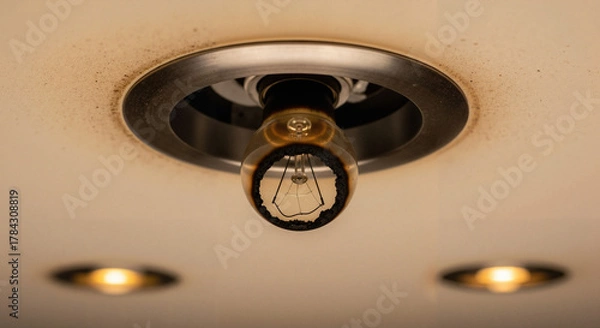Fototapeta Burnt-out light bulb in recessed ceiling fixture