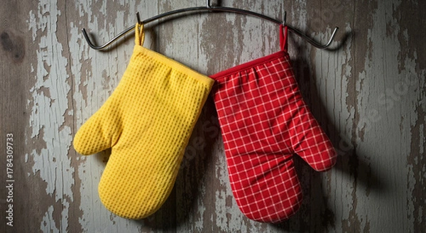 Obraz Yellow and red oven mitts hanging on hook against rustic wall