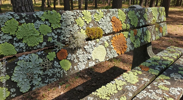 Fototapeta Colorful lichen growing on old wooden park bench in forest