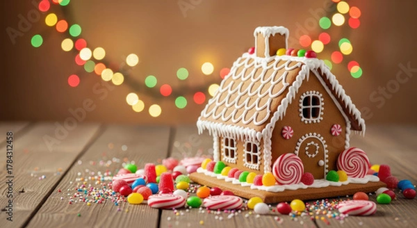 Obraz Festive Gingerbread House With Candies And Bokeh Background.