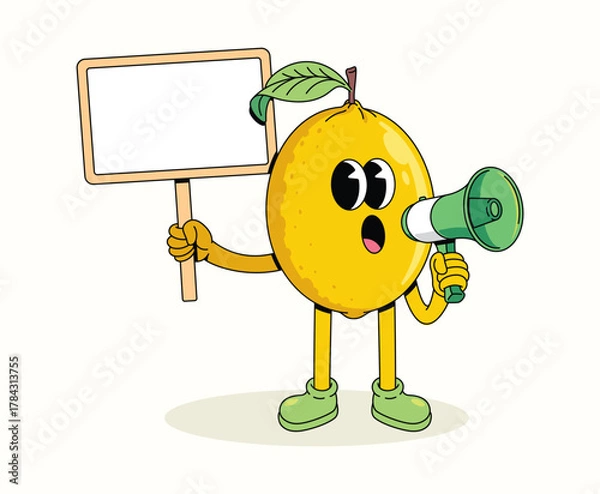 Fototapeta lemon megaphone character groovy cartoon illustration