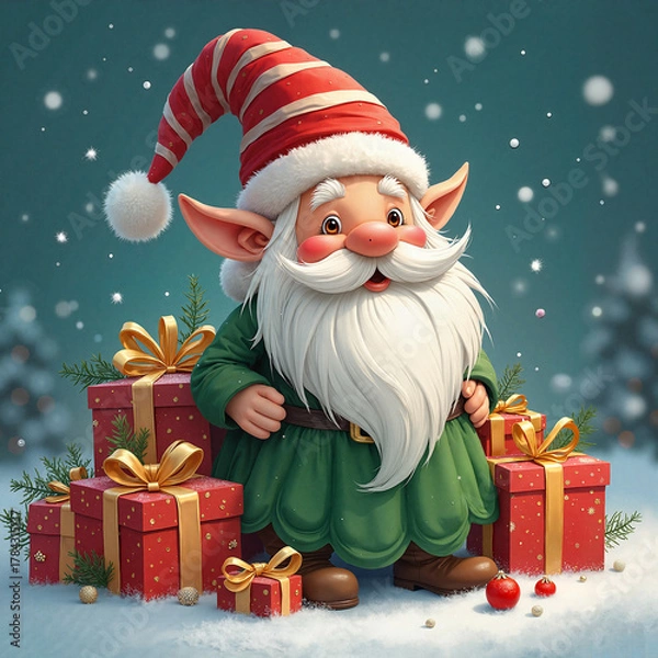 Fototapeta Christmas gnome joyful offering gifts against a snowy forest backdrop