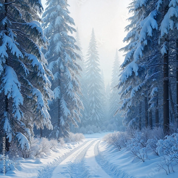 Fototapeta Winter forest path photography in soft neutral tones representing tranquil nature scenery 