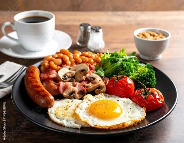 Fototapeta A classic breakfast featuring eggs, beans, bacon, mushrooms, sausage, and veggies served with coffee and toast